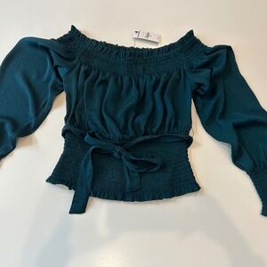 NEW Express Woman’s Emerald Green Off Shoulder Balloon Sleeve Top XS